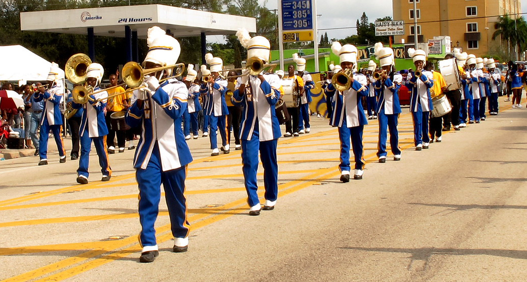 A marching band going through the street